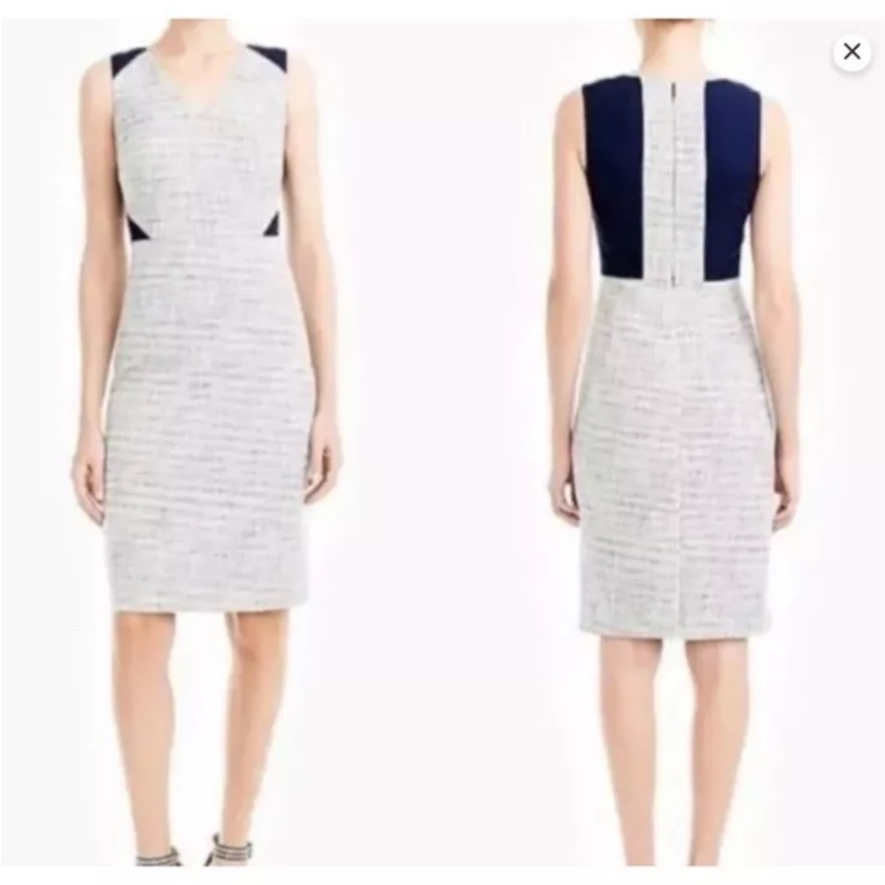 J Crew Blue Eyelet Lace Tweed Contrast V Neck Sheath Dress Size 2 Career Shimmer